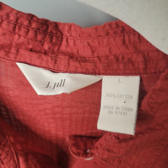 J Jill Gauzy Top Women's Size L Red 100% Cotton Crinkle Button Front Coastal - Picture 2 of 10